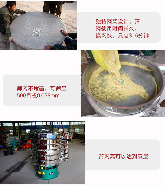 三次元振動篩的特點：篩網使用時間長換讓時間短，篩網不堵塞，可篩至500目或0.028mm。
