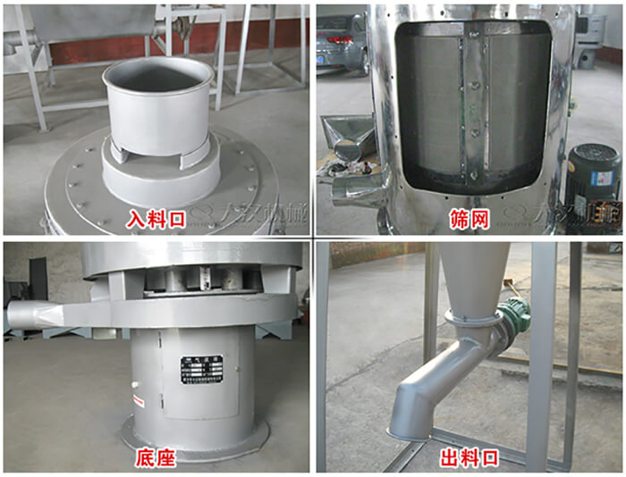 氣流篩部件展示：入料口，篩網，底座，出料口等。