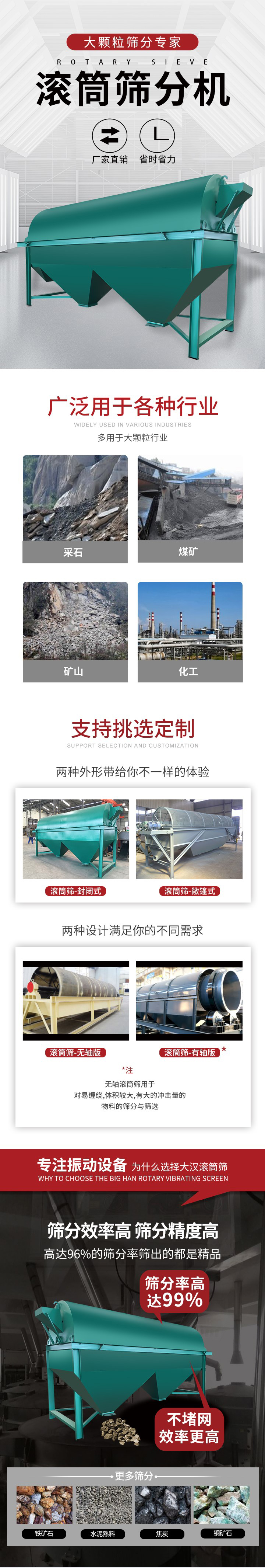 滾筒篩分機大顆粒篩分專家：廠家直銷，省時省力。滾筒篩被廣泛應用各種行業：多用于大顆粒行業例如：采石，煤礦，礦山，化工等。滾筒篩定制類型有哪些：封閉式與敞篷式產品結構分為：無軸式，有軸式兩種，無軸滾筒篩用于對纏繞，體積較大，有大的沖擊量的物料的篩分與篩選。滾筒篩篩分效率高篩分精度能夠達到：96%也比較適用于鐵礦石，水泥熟料，焦炭，銅礦石。滾筒篩特點：不飛粉末：密封隔離罩，密封性好，工作過程不會出現飛粉現象。外型尺寸是按筒體長計