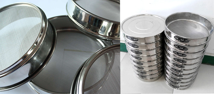 標準土壤篩，篩框與篩網展示圖。