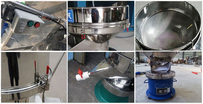 過濾篩細節展示：控制開關，篩框，出料口閥門，底座等